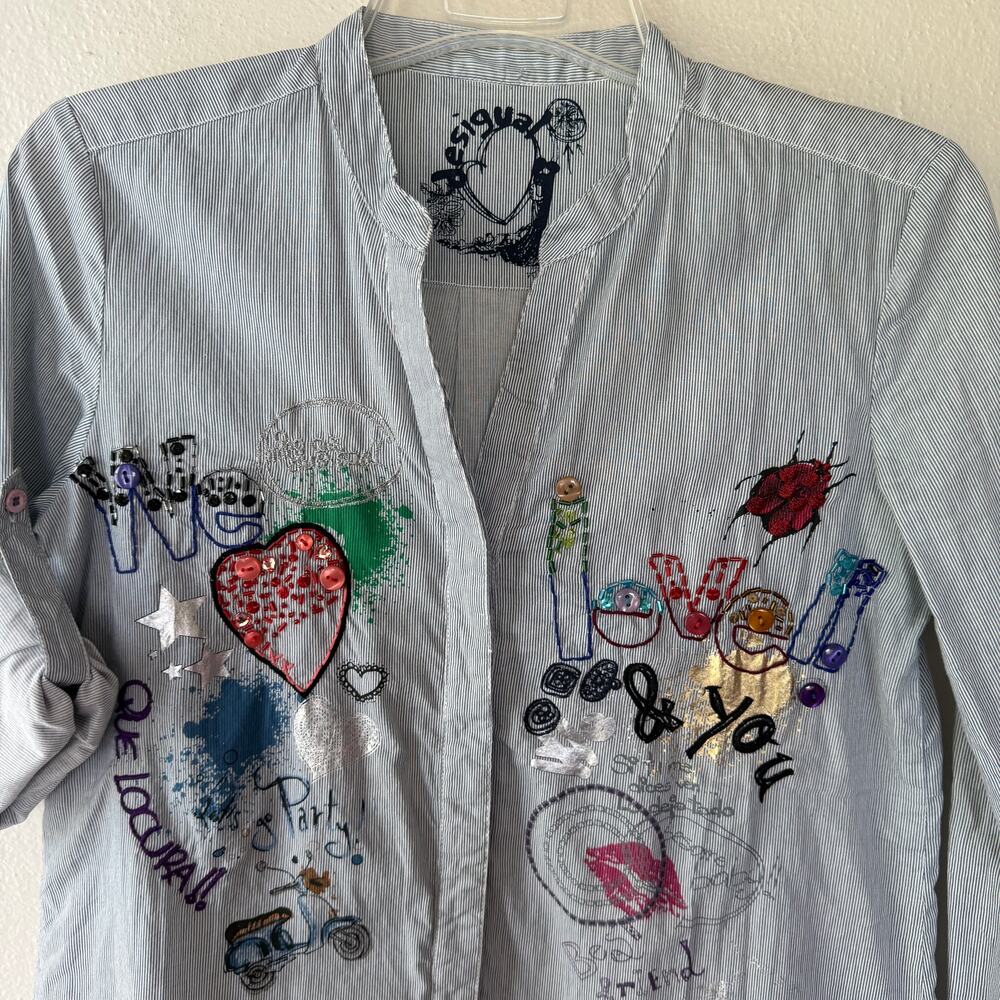 Desigual "We & You" button-down blouse  artsy long-sleeve top Size M - Picture 7 of 14